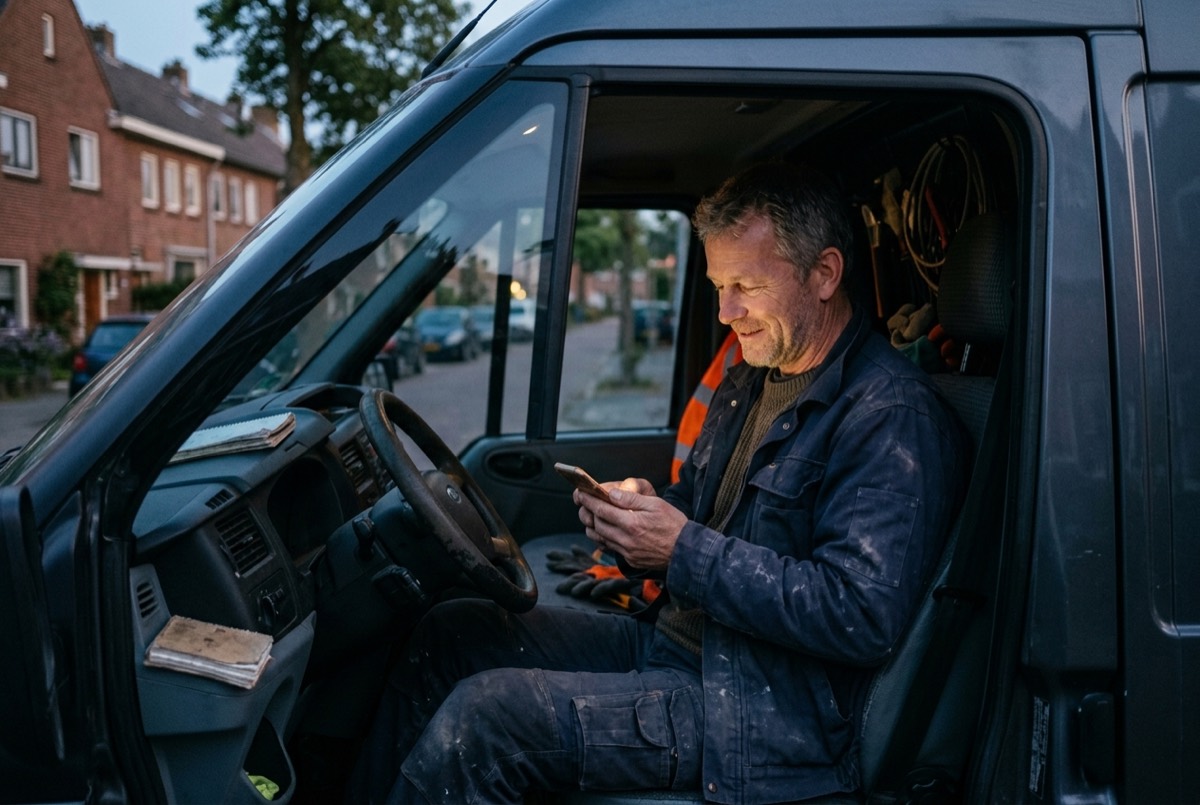 Zelfstandig vakman bekijkt 's avonds een offerte-aanvraag op zijn telefoon in zijn bus