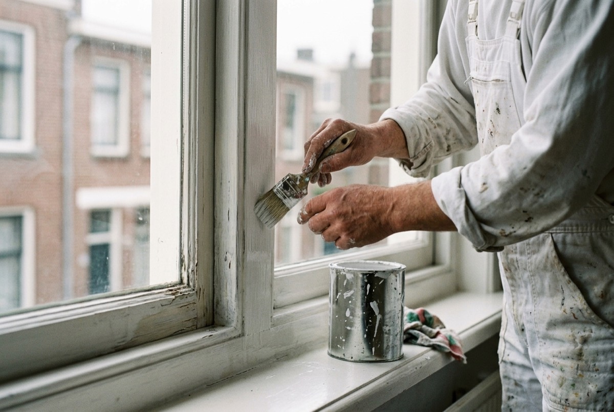 Schilder schildert een houten kozijn met een kwast